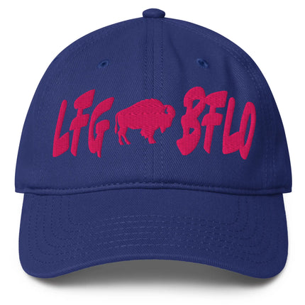 Blue low-profile Buffalo football LFG BFLO hat featuring hot pink embroidered lettering, bold Buffalo game day and tailgate party hat.
