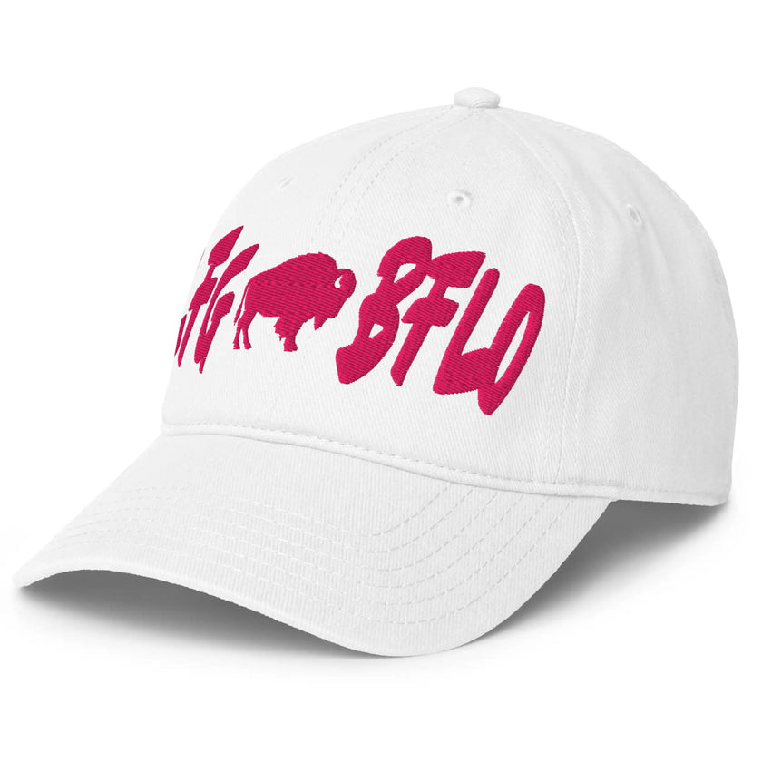 White Buffalo football LFG BFLO hat left side view showing hot pink embroidered lettering and low-profile crown design.