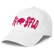 White Buffalo football LFG BFLO hat left side view showing hot pink embroidered lettering and low-profile crown design.