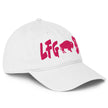 White Buffalo football LFG BFLO hat right side view showing hot pink embroidered Buffalo football lettering and structured fit.