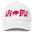 White low-profile Buffalo football LFG BFLO hat featuring hot pink embroidered lettering and bold game day tailgate design for Buffalo fans.