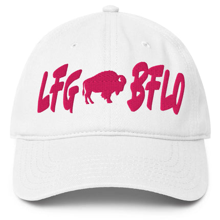 White low-profile Buffalo football LFG BFLO hat featuring hot pink embroidered lettering and bold game day tailgate design for Buffalo fans.
