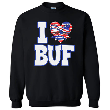 Buffalo football sweatshirt in black, ‘I ♥ BUF’ bold white lettering with red white blue striped heart and bow detail, cute fan crewneck.