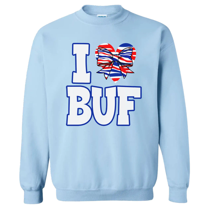 Buffalo fan sweatshirt in blue, ‘I ♥ BUF’ white text with striped heart and bow detail, football graphic cozy crewneck.