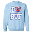 Buffalo fan sweatshirt in blue, ‘I ♥ BUF’ white text with striped heart and bow detail, football graphic cozy crewneck.