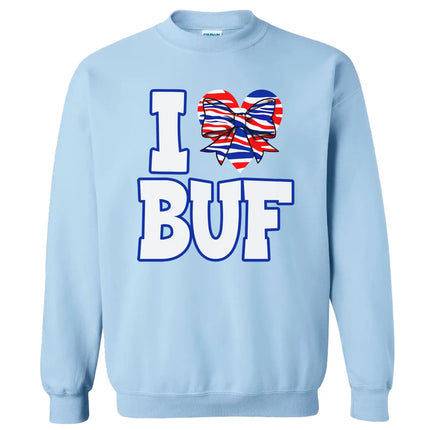 Buffalo fan sweatshirt in blue, ‘I ♥ BUF’ white text with striped heart and bow detail, football graphic cozy crewneck.