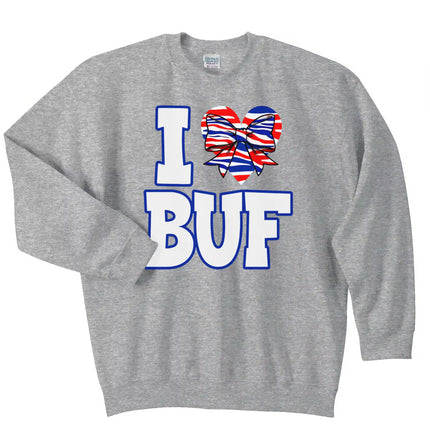 Buffalo football crewneck in grey, ‘I ♥ BUF’ bold lettering with red white blue striped heart design, cozy fan sweatshirt.