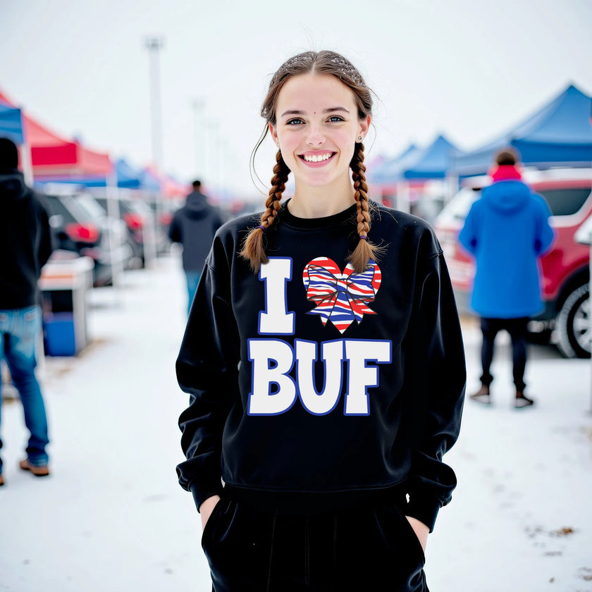 Female model wearing black Buffalo ‘I ♥ BUF’ sweatshirt in the snow, bold white lettering with striped heart and bow, cozy winter fan look.
