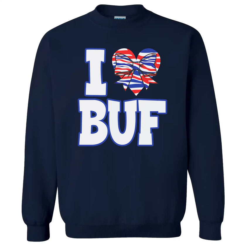 Buffalo football sweatshirt in navy, ‘I ♥ BUF’ bold lettering with red white blue striped heart graphic, cozy fan apparel