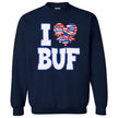 Buffalo football sweatshirt in navy, ‘I ♥ BUF’ bold lettering with red white blue striped heart graphic, cozy fan apparel