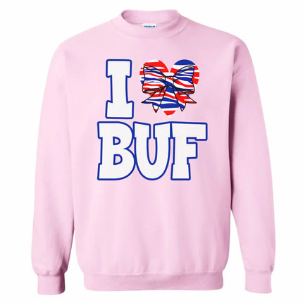 Cute Buffalo fan sweatshirt in pink, ‘I ♥ BUF’ white text with striped heart graphic and bow, football-inspired cozy crewneck.