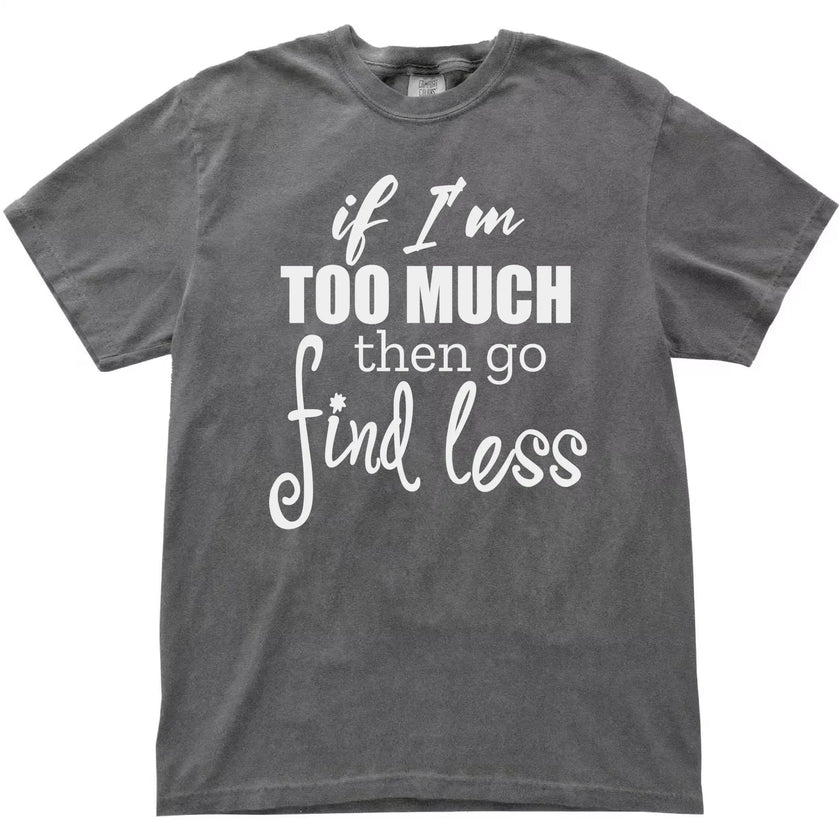 Women’s quote graphic tee in grey, “If I’m too much then go find less” staggered typography design, simple sarcastic shirt.