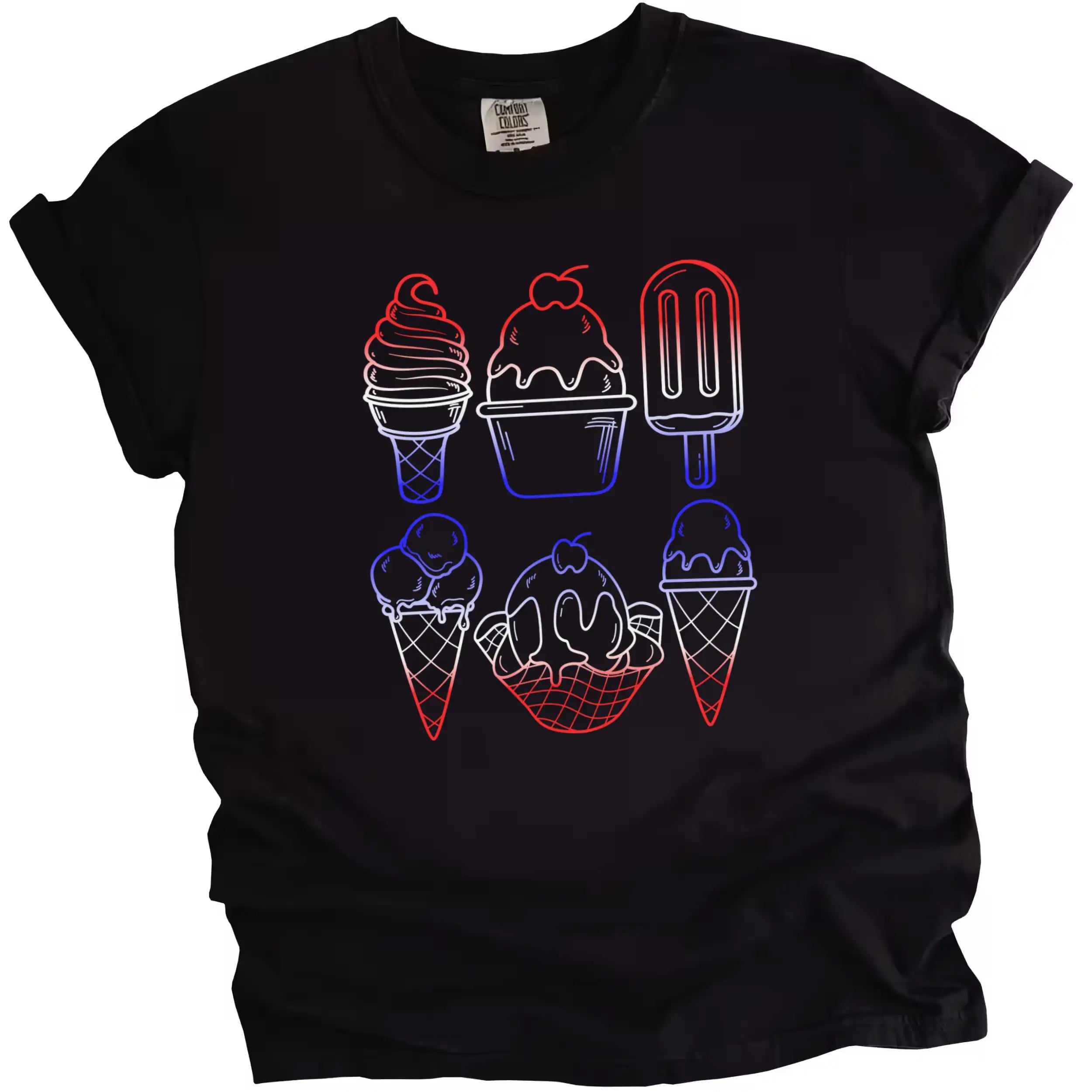 4th of July ice cream graphic tee in black, six popsicle and cone outlines filled with red white blue patriotic gradient colors, summer holiday shirt.