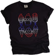 4th of July ice cream graphic tee in black, six popsicle and cone outlines filled with red white blue patriotic gradient colors, summer holiday shirt.