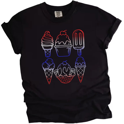 4th of July ice cream graphic tee in black, six popsicle and cone outlines filled with red white blue patriotic gradient colors, summer holiday shirt.