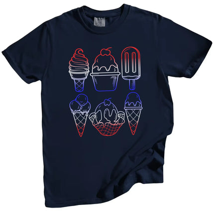 Patriotic ice cream t-shirt in navy, six popsicles and ice cream designs in bold outline style with red white blue gradient fill, 4th of July summer tee.”