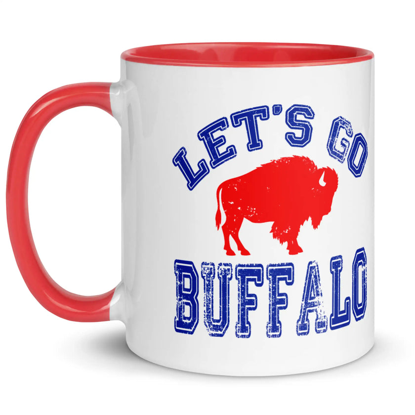 White ceramic football coffee mug featuring “Let’s Go Buffalo” in blue distressed lettering with red distressed buffalo silhouette on front design