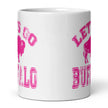 Side view of white ceramic mug with hot pink distressed ‘Lets Go Buffalo’ Buffalo football lettering and buffalo silhouette centered in design.