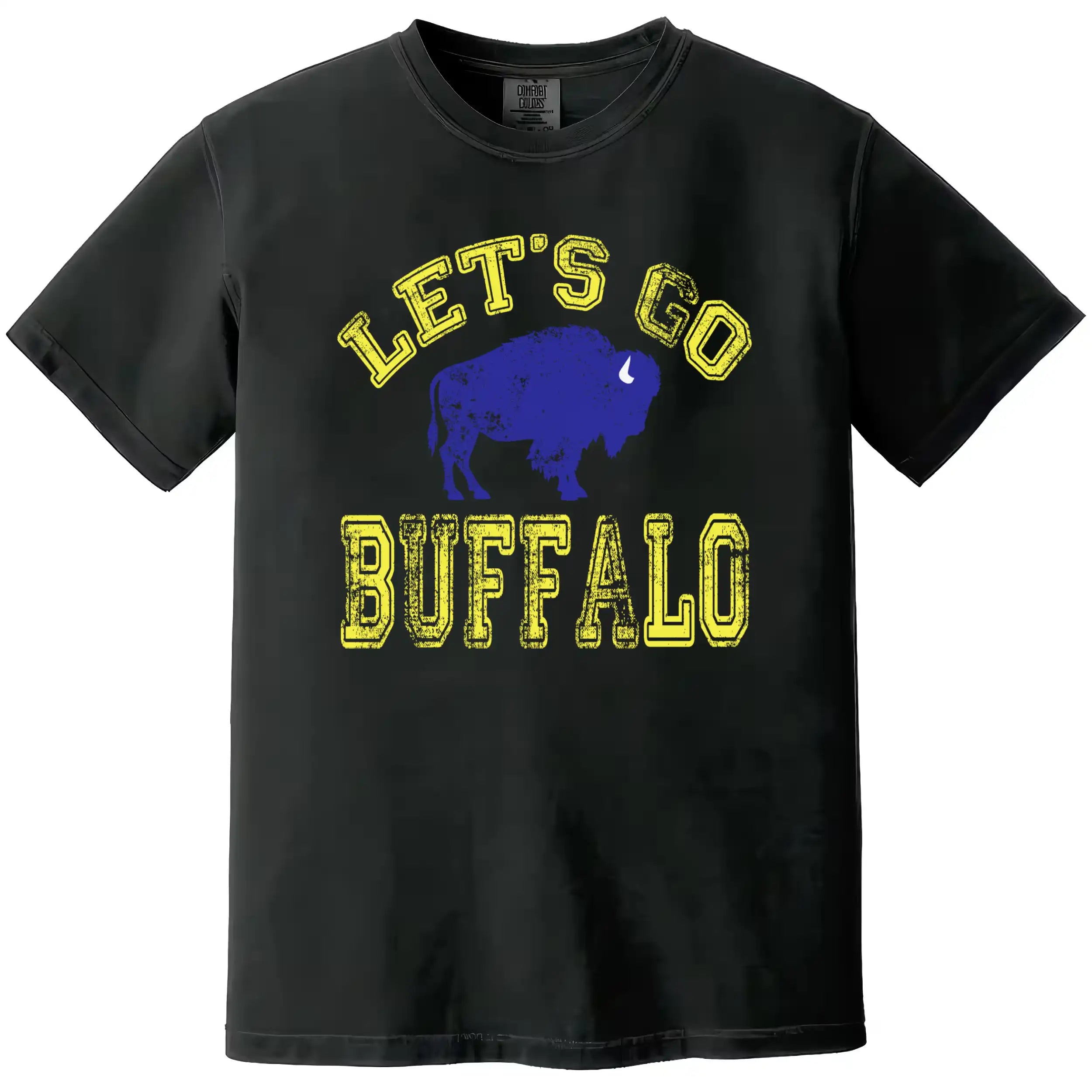 Let’s Go Buffalo hockey t-shirt in black, distressed yellow varsity lettering with blue buffalo silhouette graphic, vintage fan tee.
