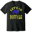 Let’s Go Buffalo hockey t-shirt in black, distressed yellow varsity lettering with blue buffalo silhouette graphic, vintage fan tee.