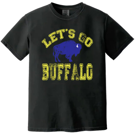 Let’s Go Buffalo hockey t-shirt in black, distressed yellow varsity lettering with blue buffalo silhouette graphic, vintage fan tee.