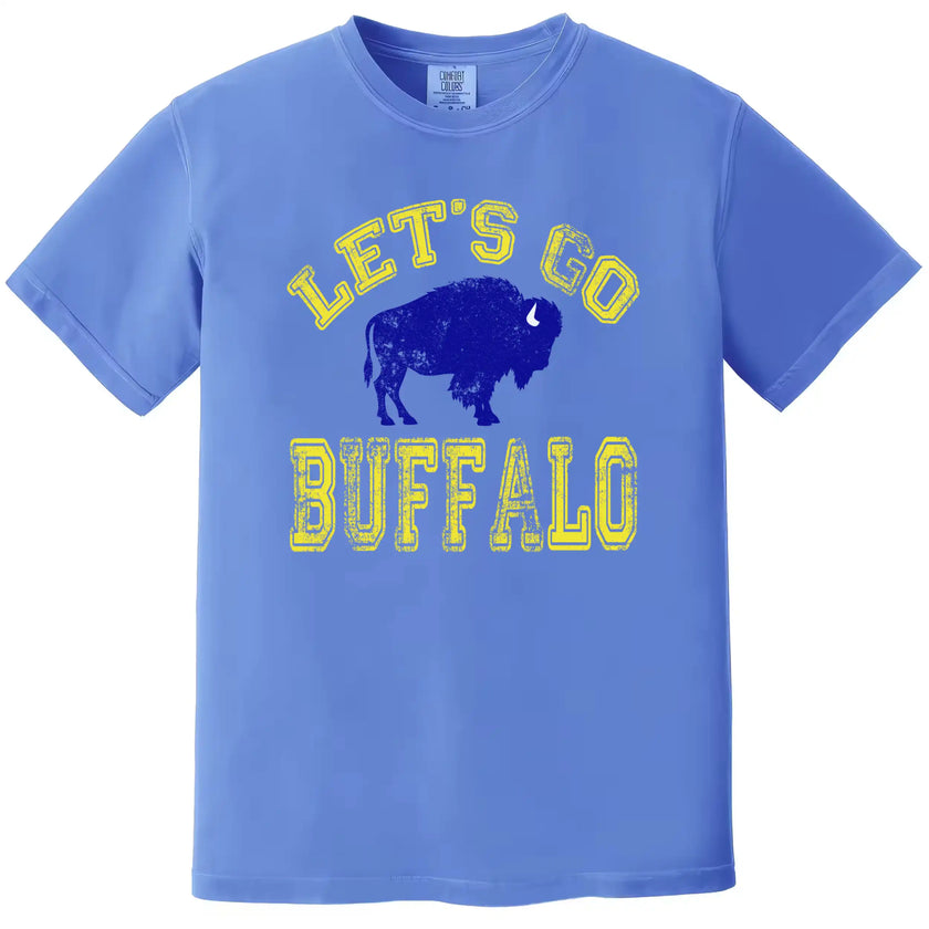 Vintage Buffalo hockey tee in blue, bold distressed yellow lettering with blue buffalo silhouette, classic sports fan shirt