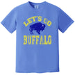 Vintage Buffalo hockey tee in blue, bold distressed yellow lettering with blue buffalo silhouette, classic sports fan shirt