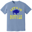Let’s Go Buffalo hockey shirt in light blue, distressed varsity lettering with blue buffalo graphic, vintage sports fan tee