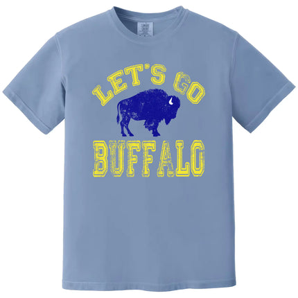 Let’s Go Buffalo hockey shirt in light blue, distressed varsity lettering with blue buffalo graphic, vintage sports fan tee