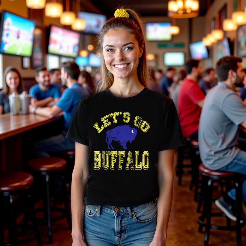 Female model wearing black Let’s Go Buffalo hockey t-shirt, distressed yellow varsity lettering with blue buffalo silhouette, casual fan outfit.