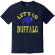 Buffalo hockey t-shirt in navy, distressed yellow varsity text with blue buffalo silhouette design, retro fan graphic tee.