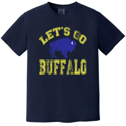 Buffalo hockey t-shirt in navy, distressed yellow varsity text with blue buffalo silhouette design, retro fan graphic tee.