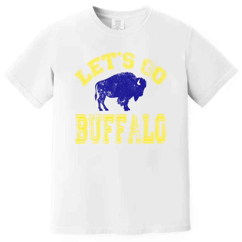 Buffalo hockey graphic tee in white, bold distressed yellow varsity text with blue buffalo silhouette, classic fan shirt.
