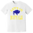 Buffalo hockey graphic tee in white, bold distressed yellow varsity text with blue buffalo silhouette, classic fan shirt.