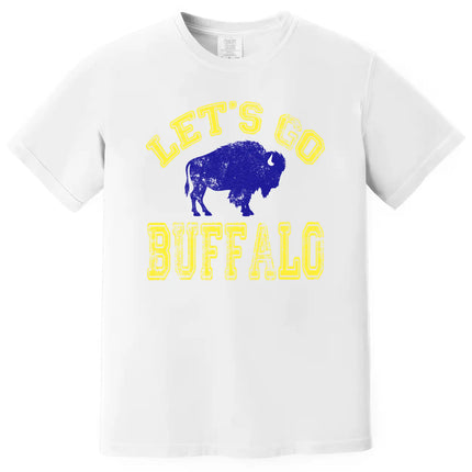 Buffalo hockey graphic tee in white, bold distressed yellow varsity text with blue buffalo silhouette, classic fan shirt.
