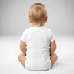 Back view of baby wearing white Buffalo football baby bodysuit with soft cotton fit and snap closure design, Buffalo themed baby apparel.