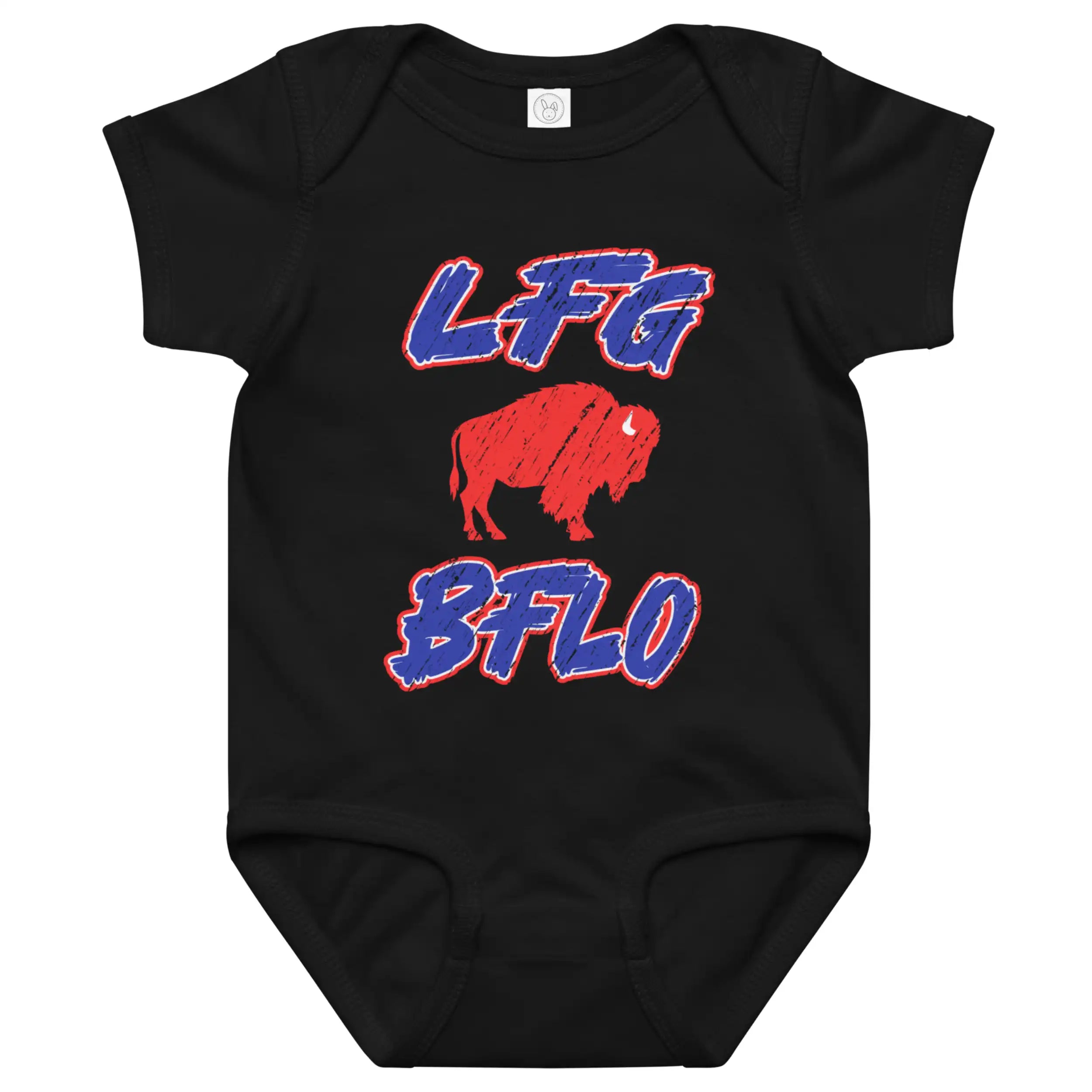 Black Buffalo football baby bodysuit featuring distressed patriotic ‘LFG BFLO’ design with buffalo silhouette, bold Buffalo game day baby clothing.