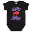 Black Buffalo football baby bodysuit featuring distressed patriotic ‘LFG BFLO’ design with buffalo silhouette, bold Buffalo game day baby clothing.