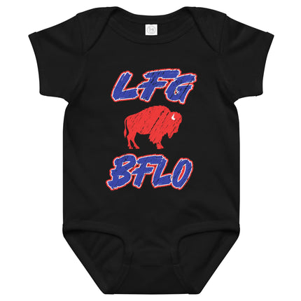 Black Buffalo football baby bodysuit featuring distressed patriotic ‘LFG BFLO’ design with buffalo silhouette, bold Buffalo game day baby clothing.