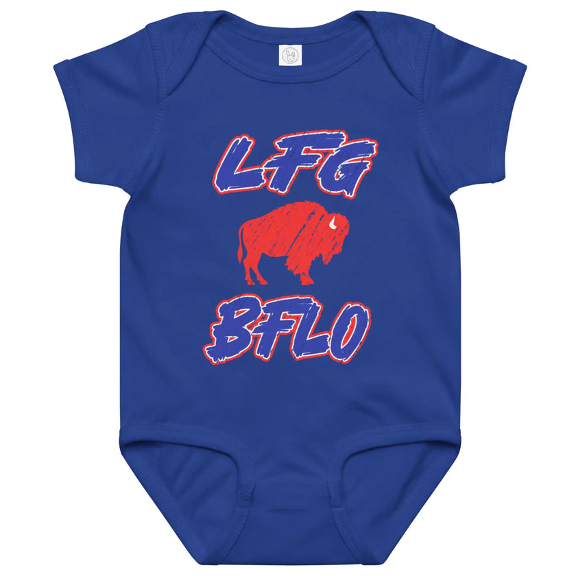 Blue Buffalo football baby bodysuit with distressed red white and blue ‘LFG BFLO’ typography and buffalo silhouette graphic, Buffalo football fan baby apparel.