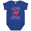Blue Buffalo football baby bodysuit with distressed red white and blue ‘LFG BFLO’ typography and buffalo silhouette graphic, Buffalo football fan baby apparel.