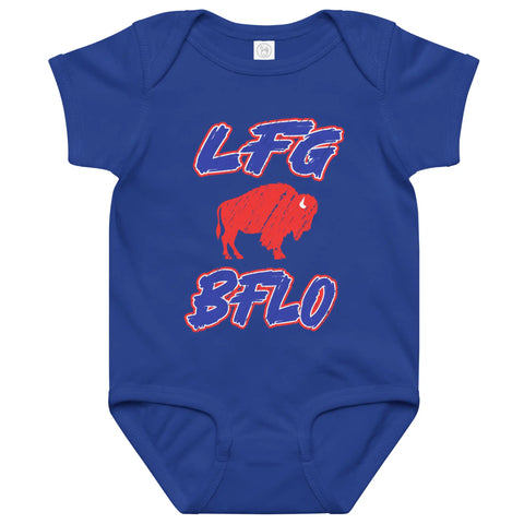 Blue Buffalo football baby bodysuit with distressed red white and blue ‘LFG BFLO’ typography and buffalo silhouette graphic, Buffalo football fan baby apparel.