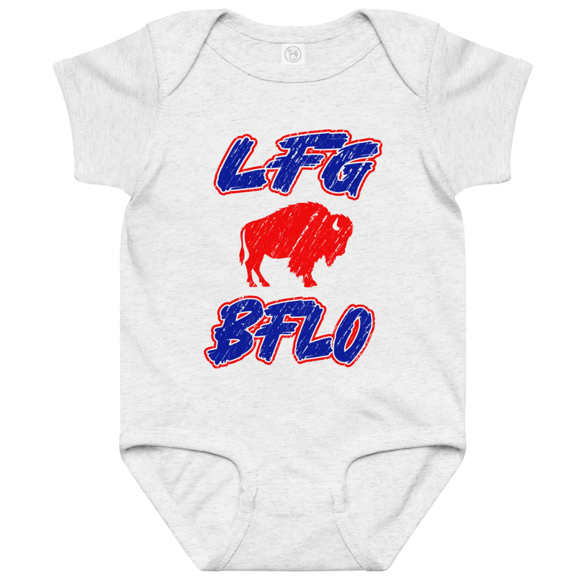 Grey Buffalo football baby bodysuit featuring distressed edgy ‘LFG BFLO’ red white and blue typography with buffalo silhouette graphic, bold game day baby apparel for fans.