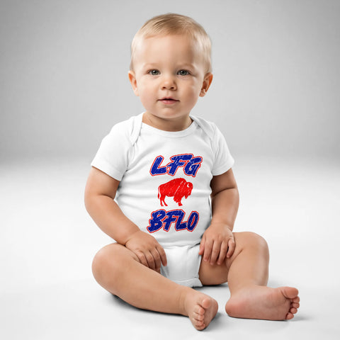 Baby wearing white Buffalo football baby bodysuit featuring distressed red white and blue ‘LFG BFLO’ design with buffalo silhouette, front view game day outfit.