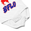 Close-up of white Buffalo football baby bodysuit snap closure detail for easy diaper changes and soft cotton baby clothing construction.