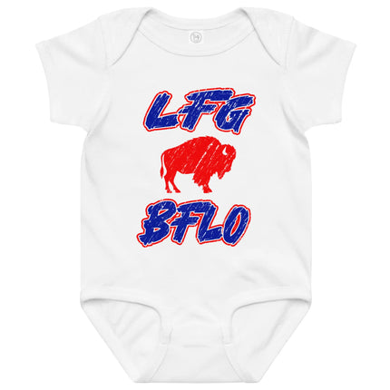 White Buffalo football baby bodysuit featuring distressed ‘LFG BFLO’ lettering in red white and blue team colors with buffalo silhouette design, Buffalo game day baby outfit.