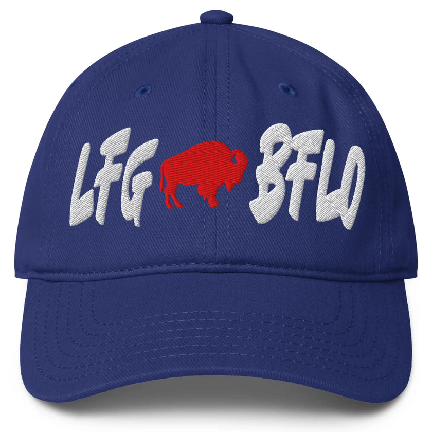Blue Buffalo football LFG BFLO hat featuring white embroidered lettering and red buffalo silhouette, wild Buffalo tailgate and game day fan apparel hat.