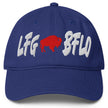 Blue Buffalo football LFG BFLO hat featuring white embroidered lettering and red buffalo silhouette, wild Buffalo tailgate and game day fan apparel hat.