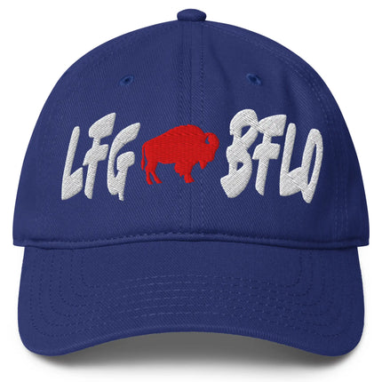 Blue Buffalo football LFG BFLO hat featuring white embroidered lettering and red buffalo silhouette, wild Buffalo tailgate and game day fan apparel hat.