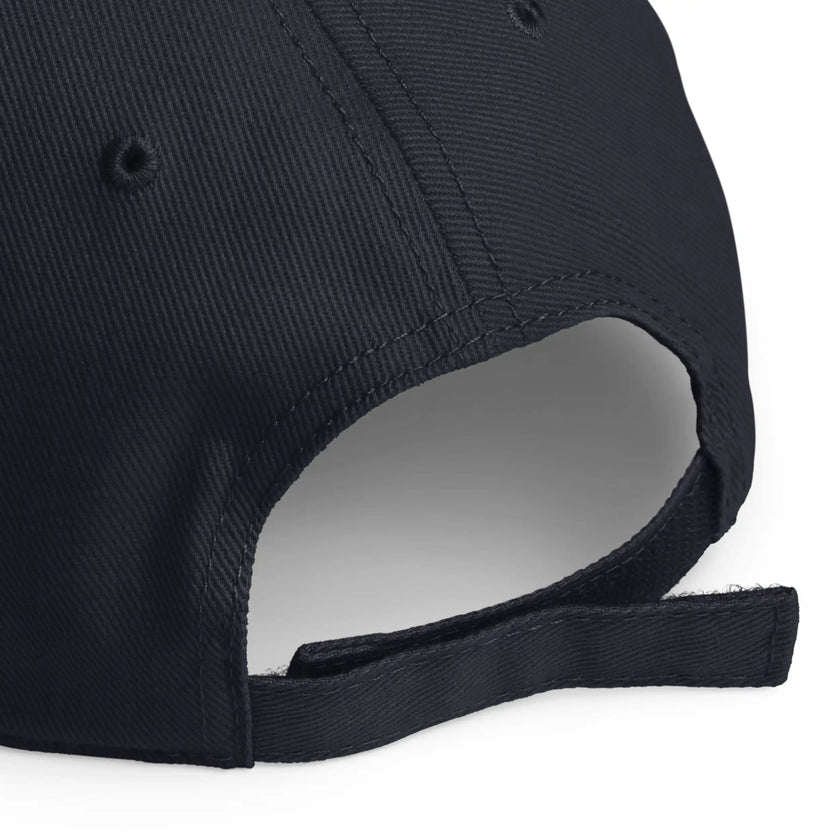 Close-up of navy Buffalo football LFG BFLO hat adjustable closure detail with structured tailgate style cap design.